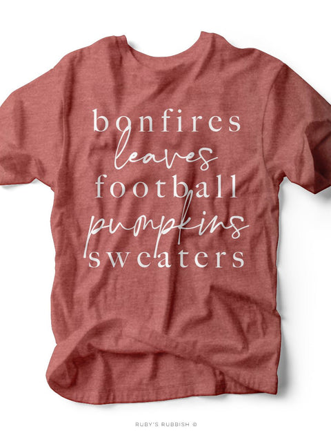 Bonfires, Leaves, Football, Pumpkins, Sweaters | Seasonal T-Shirt | Ruby’s Rubbish® - Ruby's Rubbish Wholesale