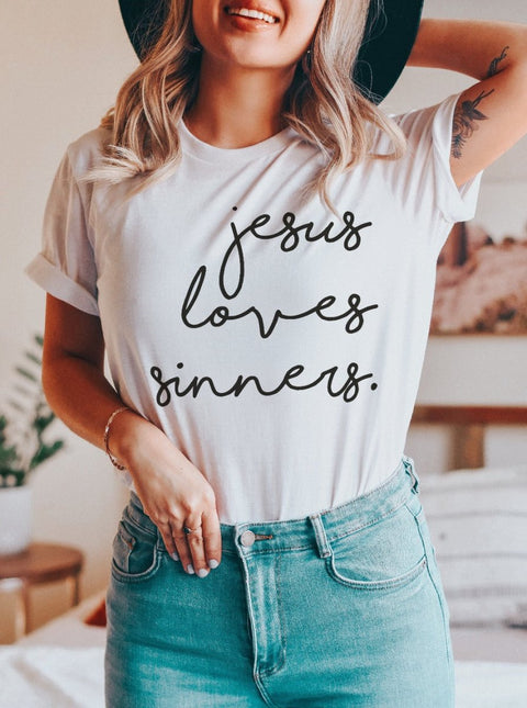 Jesus Loves Sinners | Christian T-Shirt | Ruby’s Rubbish® - Ruby's Rubbish Wholesale