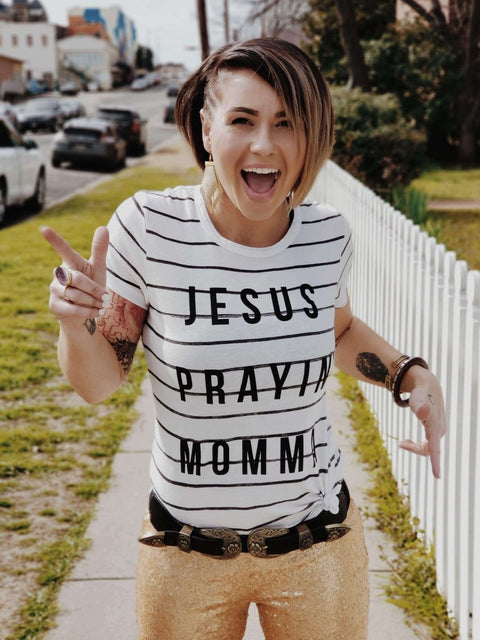 Jesus Prayin' Momma | Women’s Striped T-Shirt | Ruby’s Rubbish® - Ruby's Rubbish Wholesale